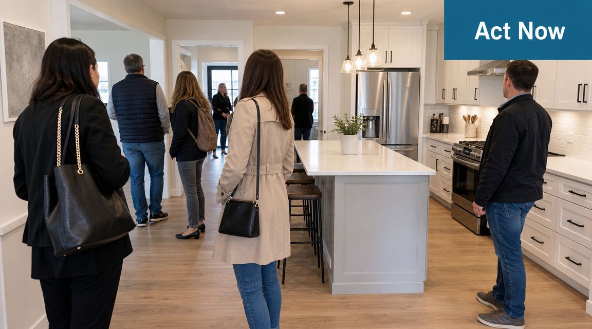A group of potential homebuyers touring a modern kitchen during an open house property showing.