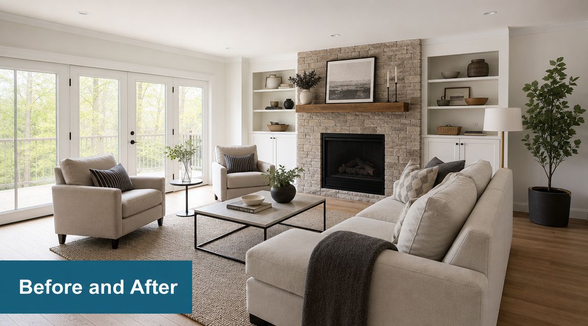 A modern, bright living room featuring a stone fireplace, neutral seating, and large glass doors.