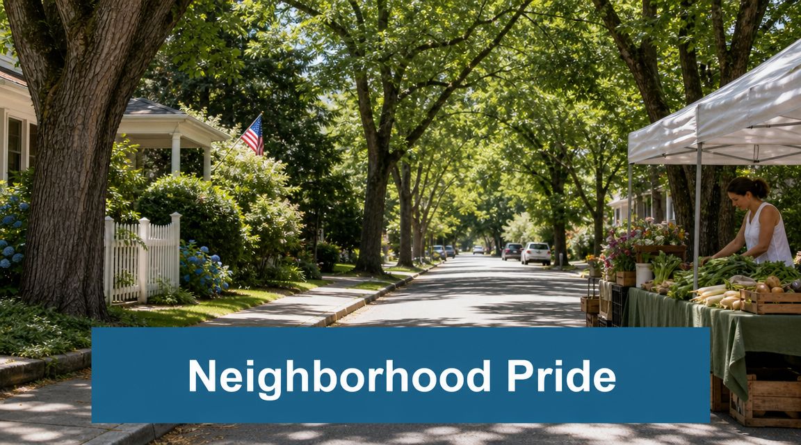 A scenic neighborhood street with mature trees, a farmer's market stand, and a house with a flag.