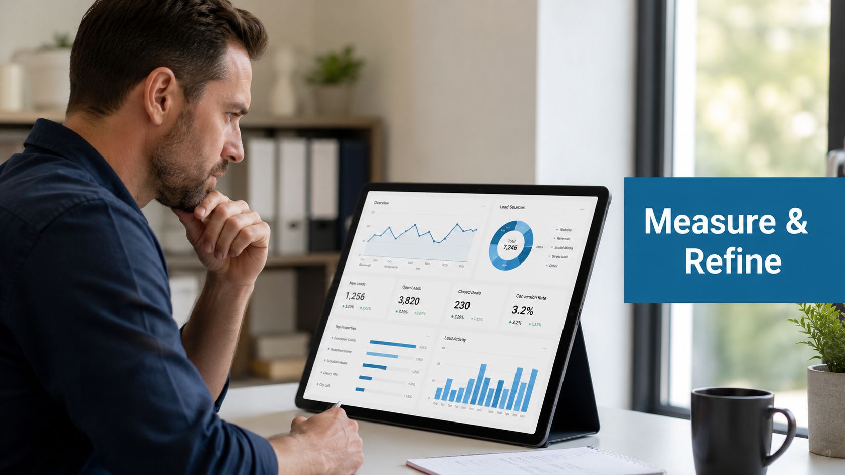 A man observing professional real estate analytics dashboard on a tablet while working at a desk.