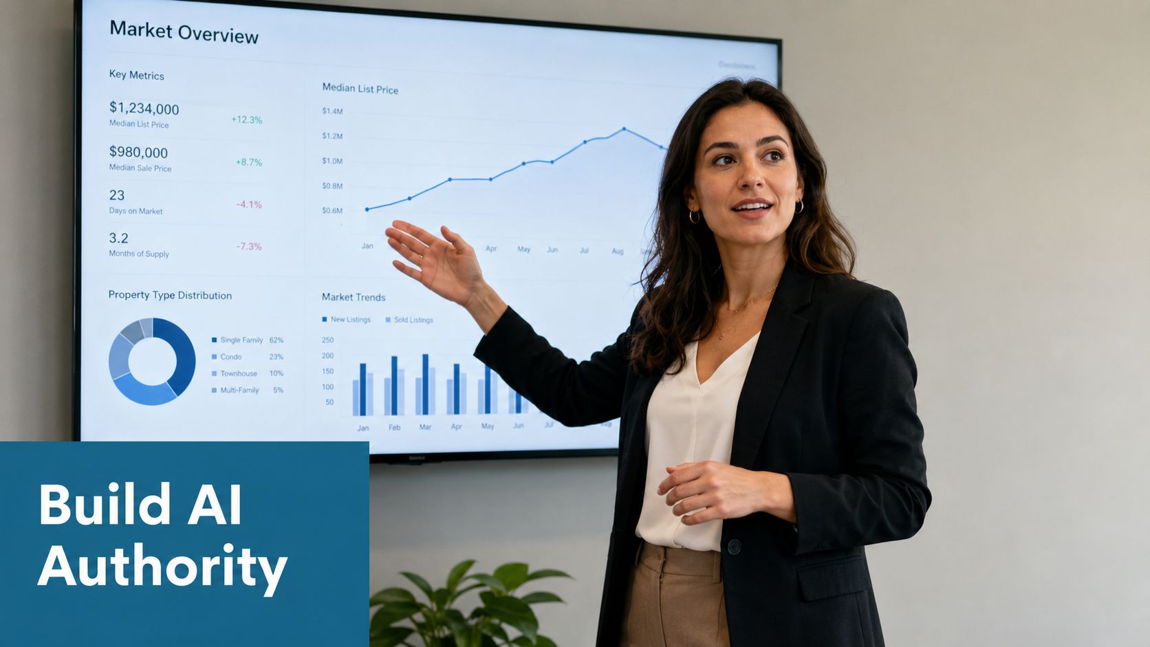 A professional woman presenting real estate market data charts on a large digital screen to an audience.