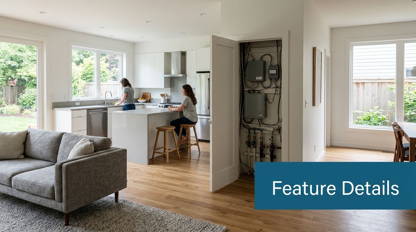 A modern, open-concept kitchen and living area featuring white cabinetry, a kitchen island, and exposed utility pipes.