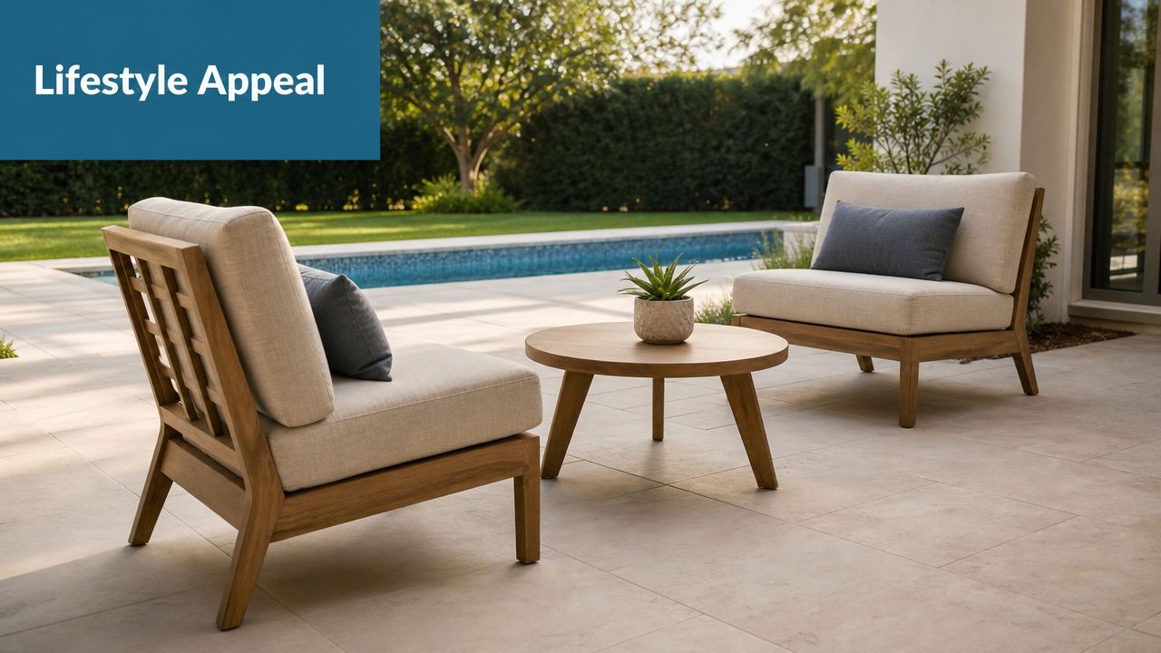 Two beige armchairs with a wooden coffee table on a modern outdoor stone patio overlooking a pool.