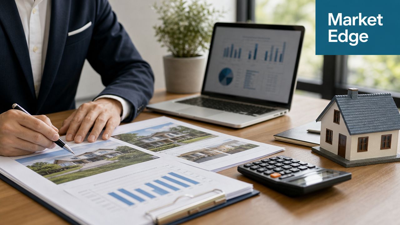 A professional real estate agent working at a desk with charts, a calculator, and a model house.