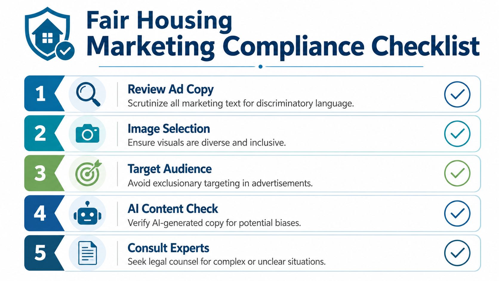 A five-point checklist outlining key strategies for maintaining fair housing compliance in real estate marketing efforts.