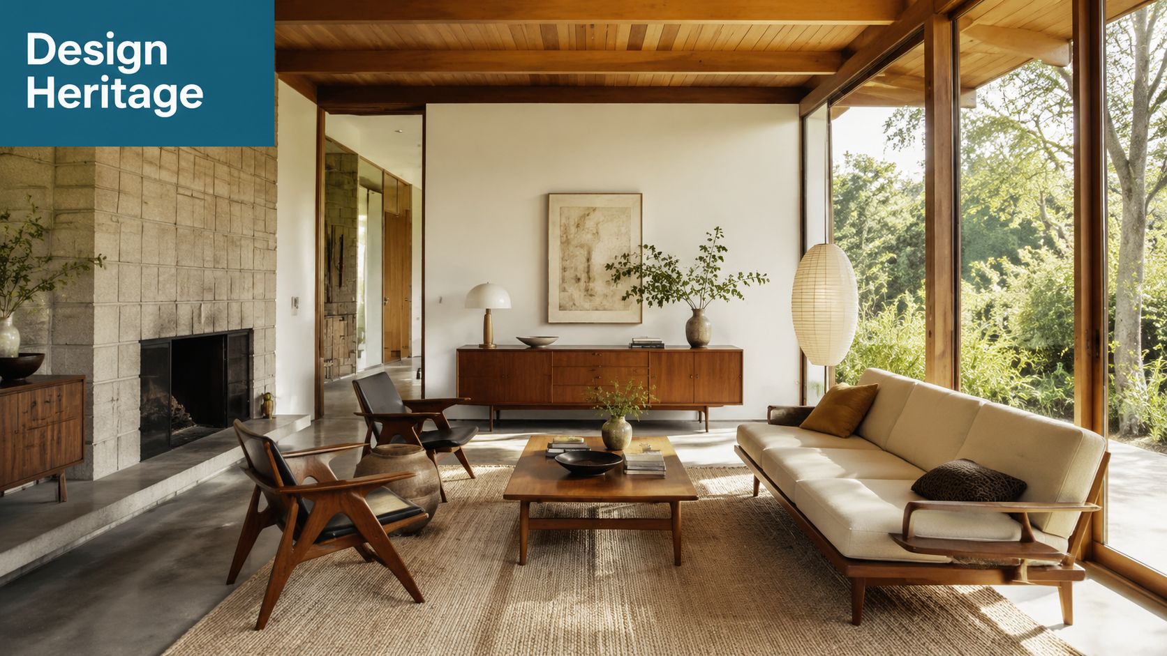 A modern luxury living room with mid-century furniture, fireplace, and floor-to-ceiling windows overlooking a green garden.