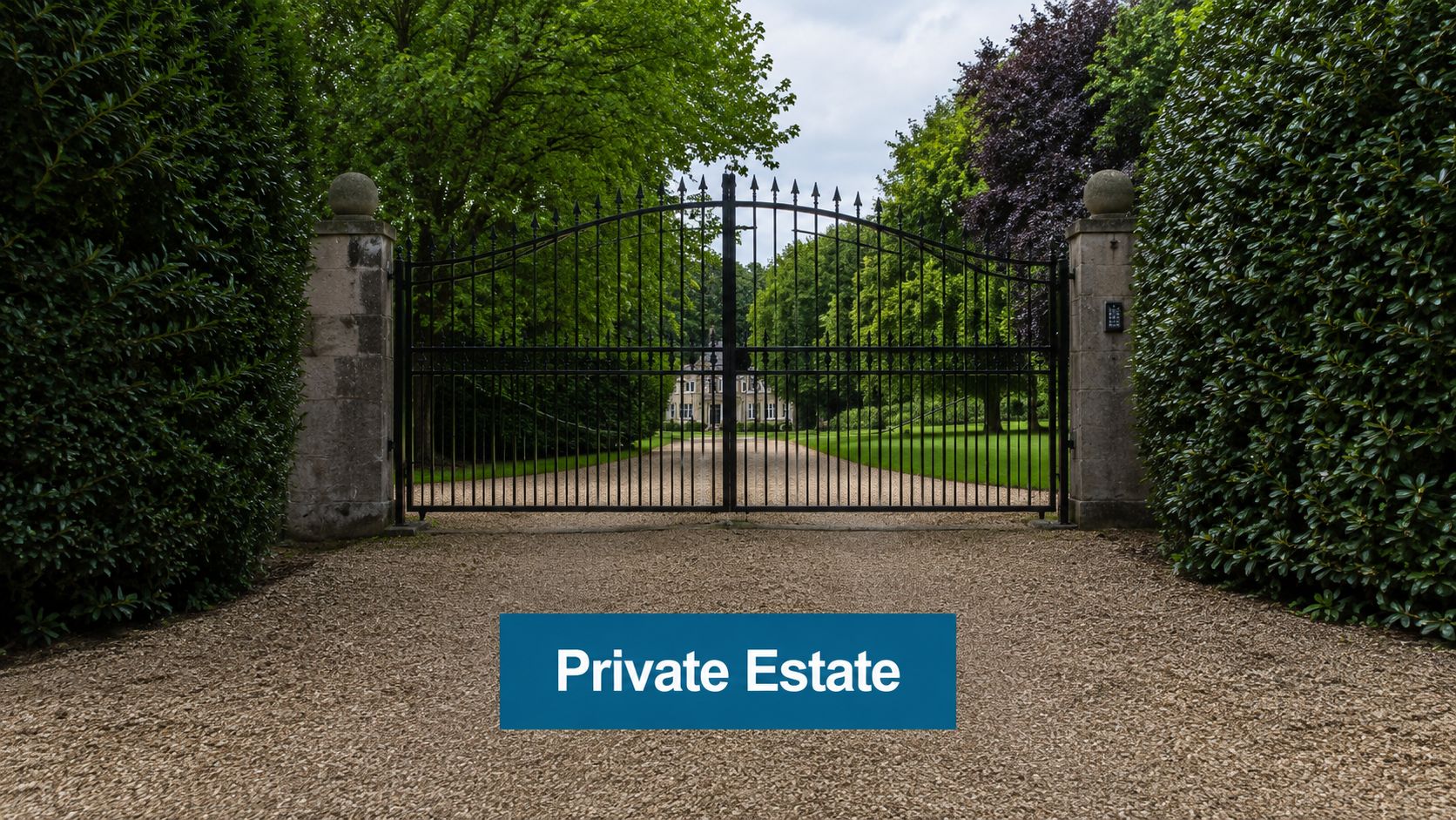A grand iron gate entrance to a secluded luxury estate with a gravel driveway and lush green trees.