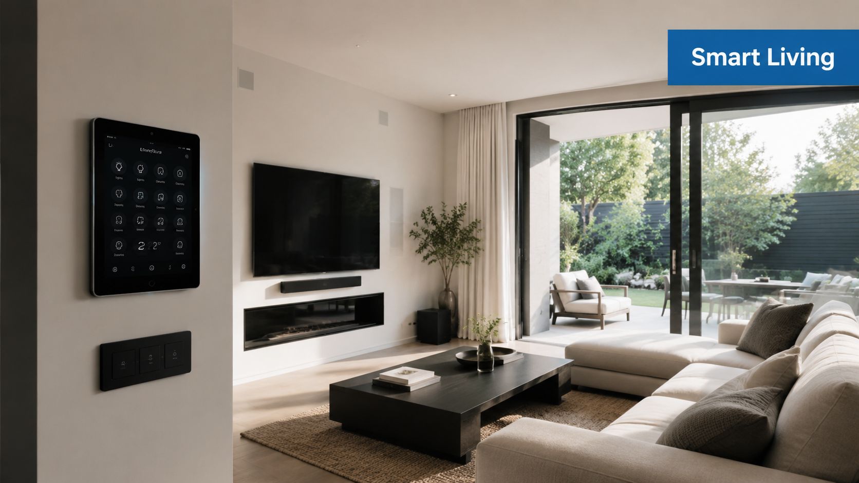 A modern, minimalist luxury living room featuring smart home control panels and a view of a patio.