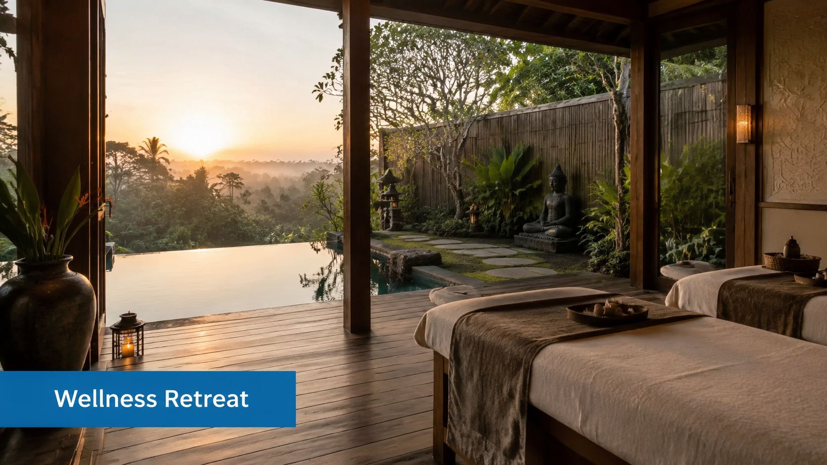 A serene spa room featuring massage tables overlooking a sunset view of a tropical jungle and pool.