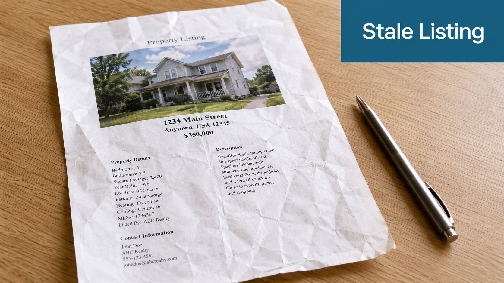 A crumpled property listing sheet for a house on a wooden desk next to a pen.