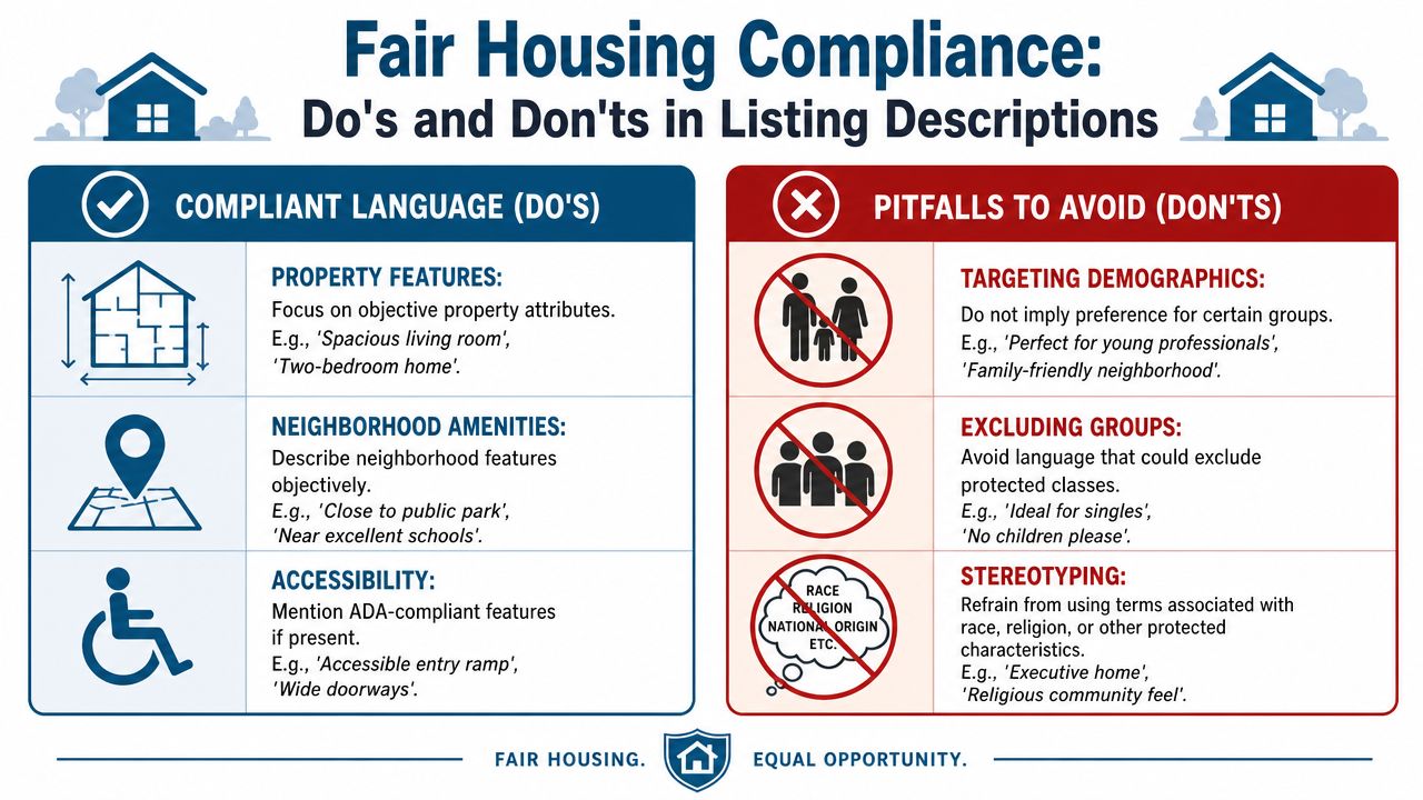 A fair housing compliance infographic displaying do's and don'ts for writing real estate listing descriptions.