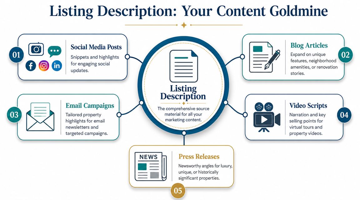 A diagram illustrating how a real estate listing description can be used to generate diverse marketing content assets.