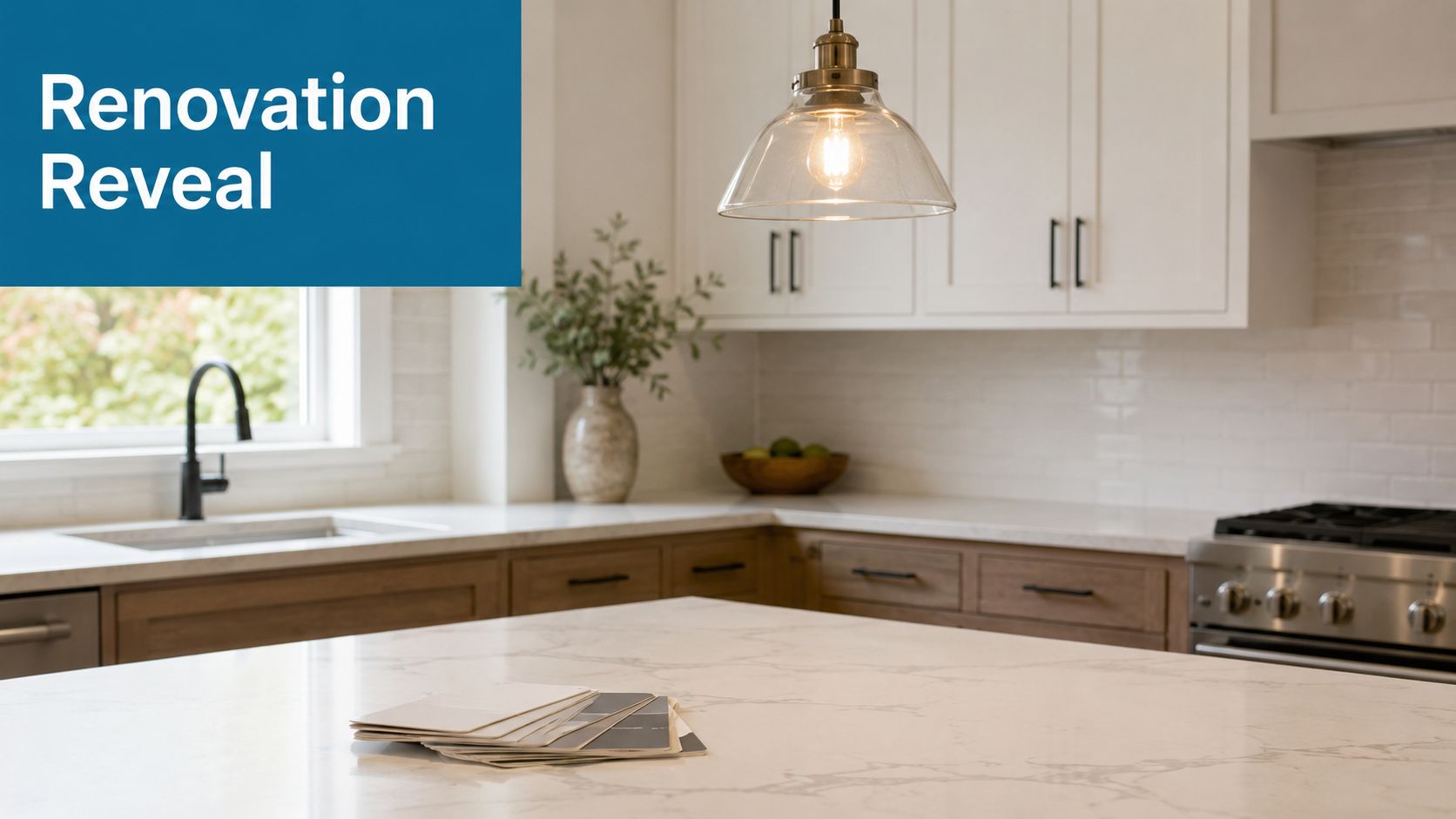 A bright, modern kitchen featuring white cabinets, wood lower cabinets, and a clean marble island countertop.