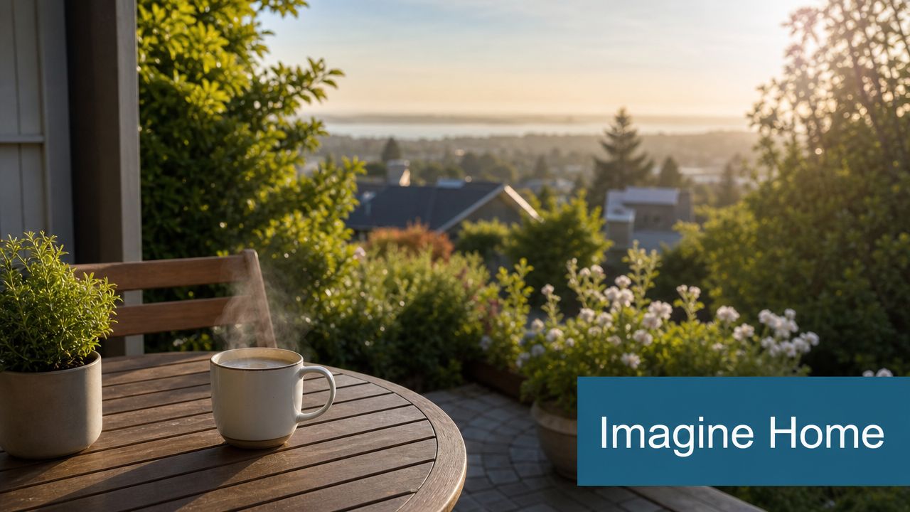 A steaming mug on a wooden patio table overlooking a scenic neighborhood landscape at sunset.