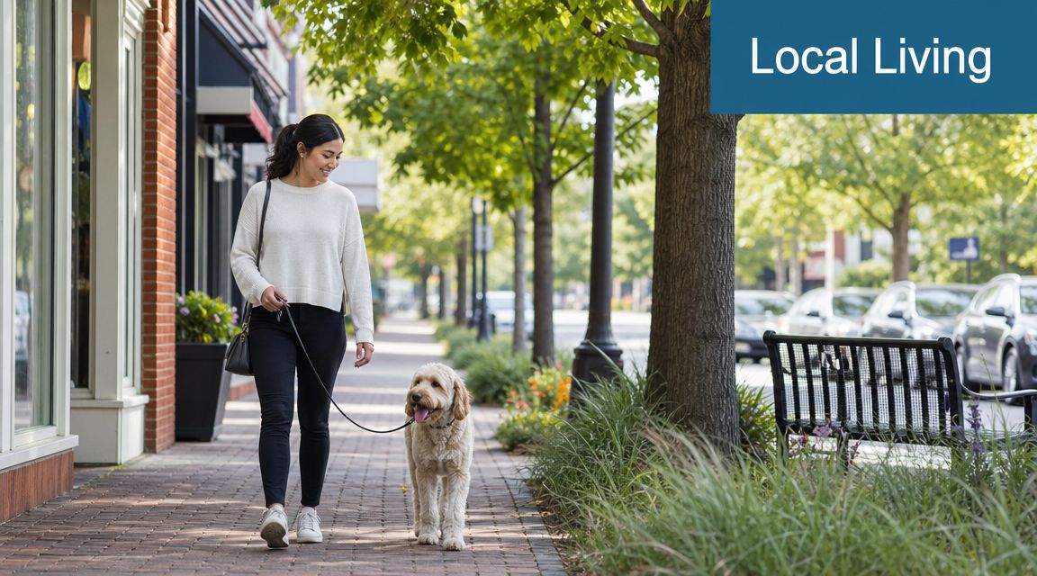 A smiling woman walks her golden doodle dog down a scenic town sidewalk near local storefronts.