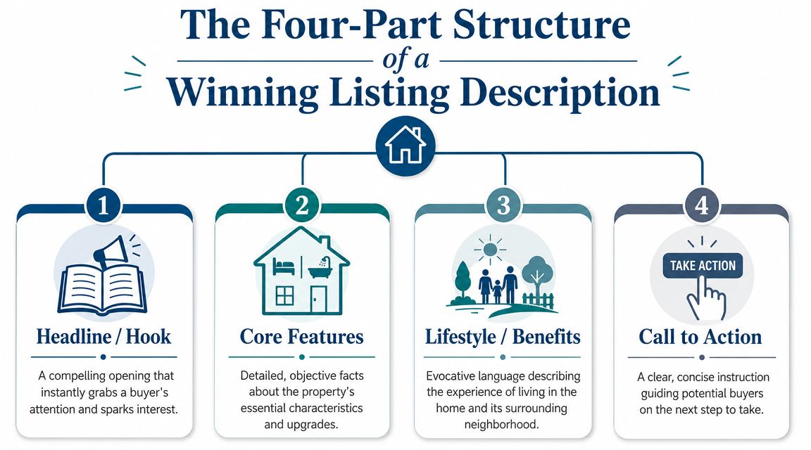 An infographic detailing the four essential components for creating a highly effective real estate listing description.