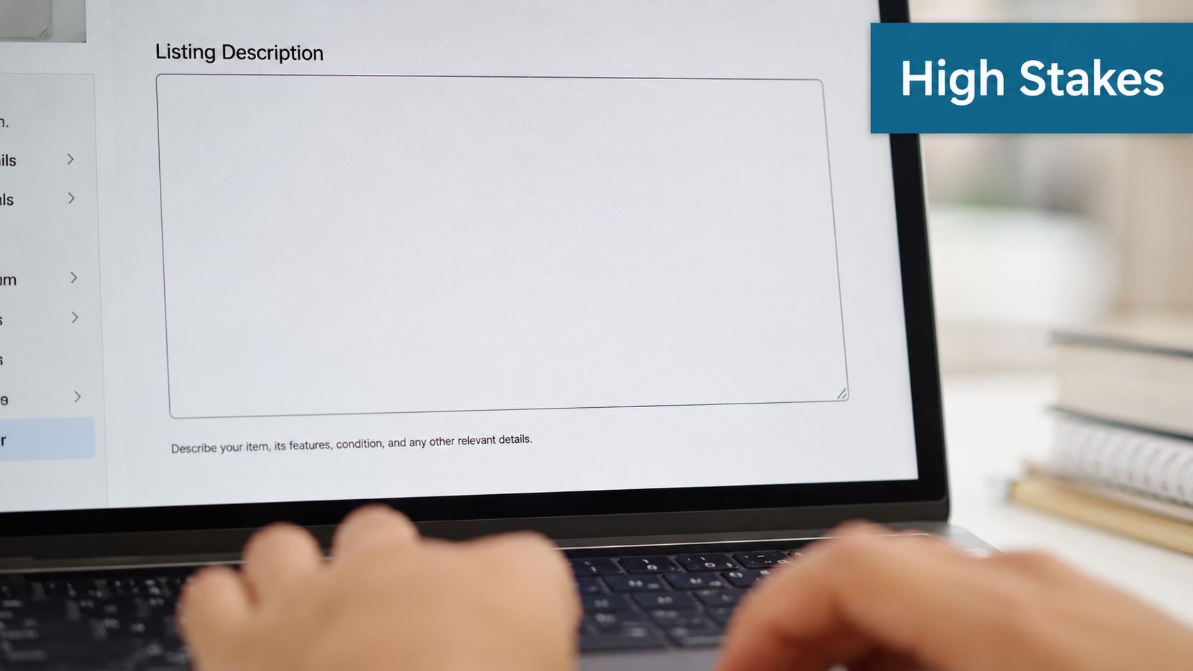 A person typing a listing description on a laptop screen for an online real estate platform.