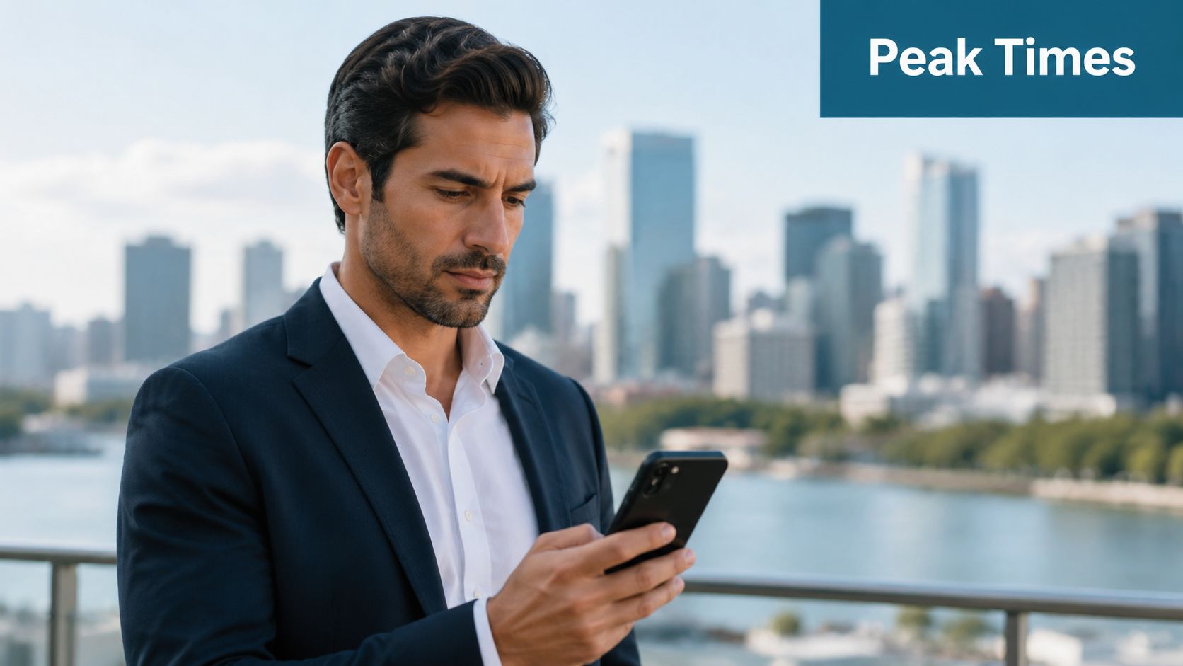 A professional man in a suit looking at his smartphone with a city skyline in the background.