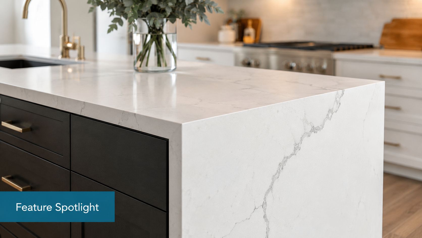 A modern kitchen island with a white marble countertop and black cabinetry in a bright home interior.