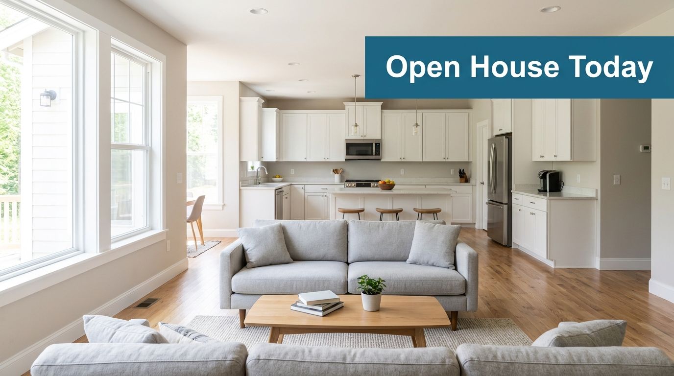 A modern open-concept home interior featuring a comfortable living room transitioning into a clean white kitchen.