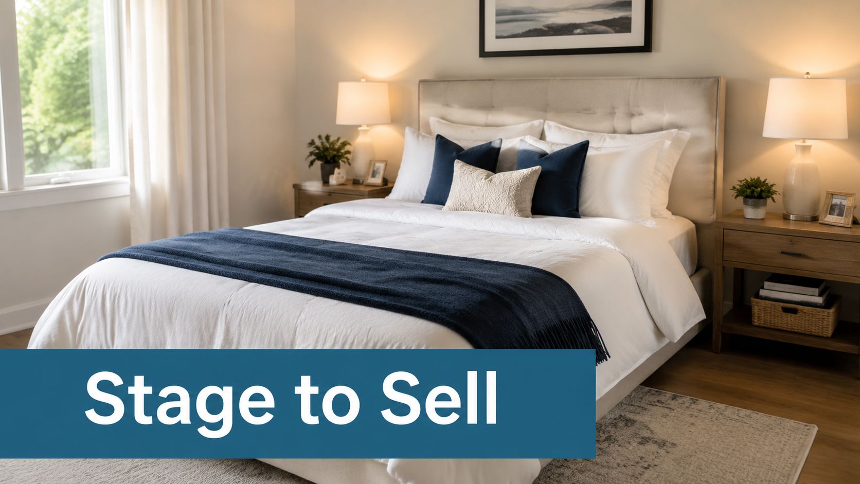 A neatly made hotel-style bedroom staged for sale with a navy blue throw blanket and neutral pillows.