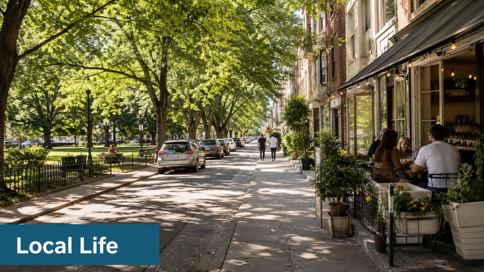 People dining outdoors at a sidewalk cafe on a sunny street lined with trees and parked cars.
