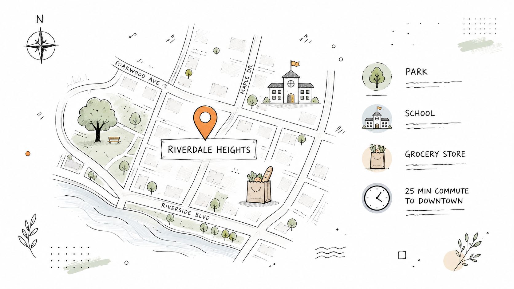 A hand-drawn map of the Riverdale Heights neighborhood featuring amenities like a park, school, and grocery store.