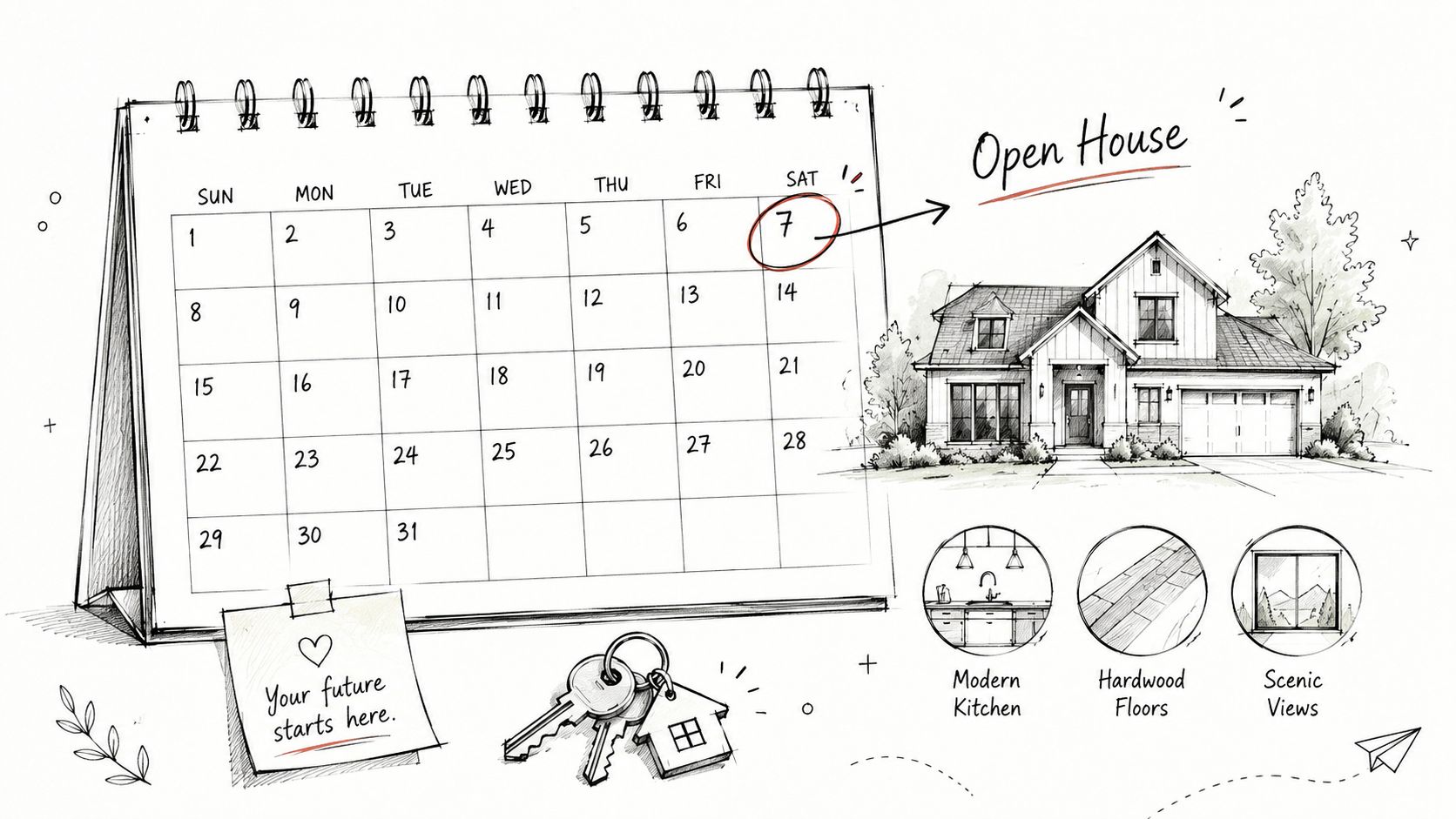 A hand-drawn calendar with an open house event circled, keys, and home features shown in small circles.
