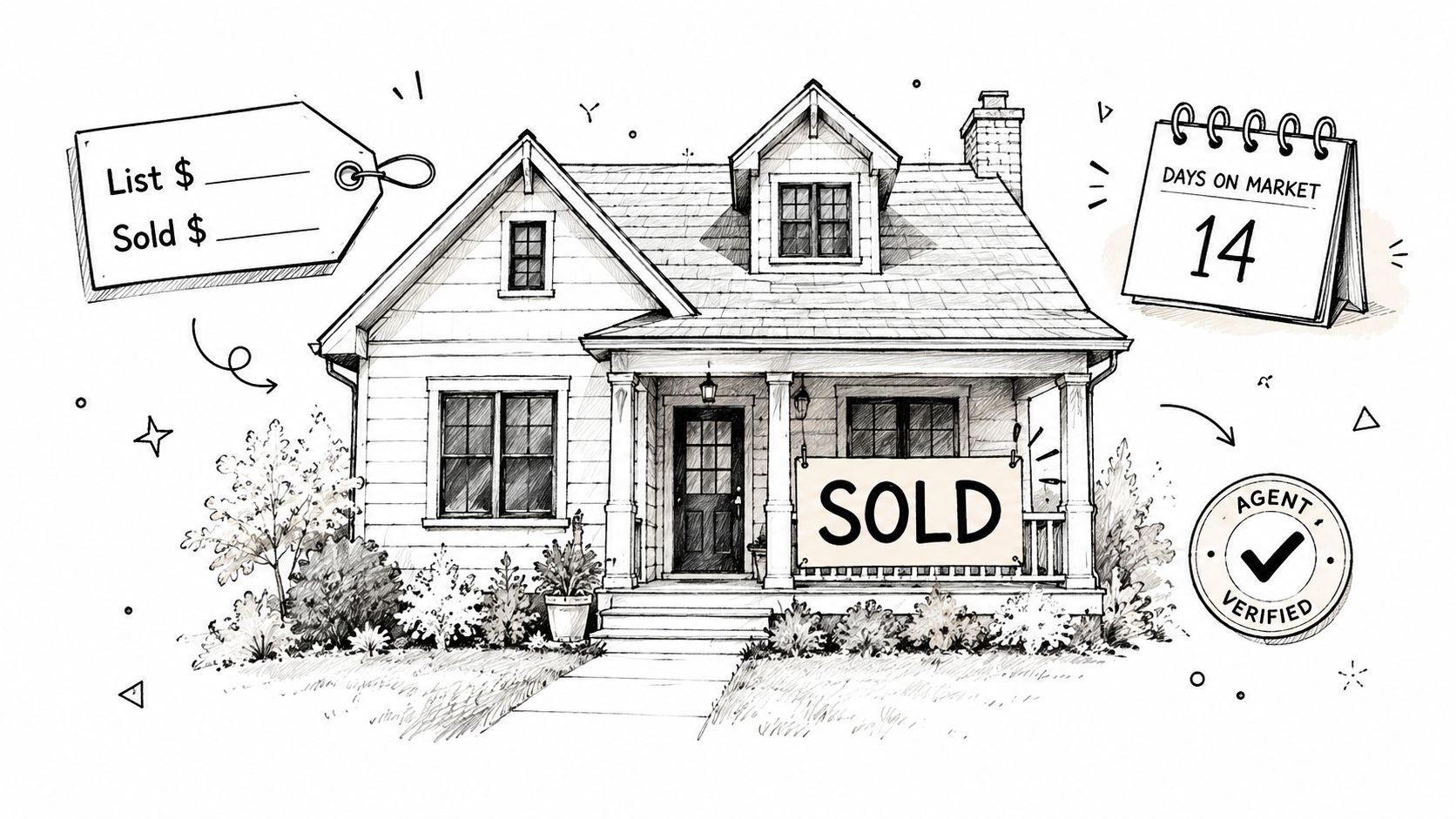 A black and white line drawing of a house with sold sign, pricing labels, and market data.