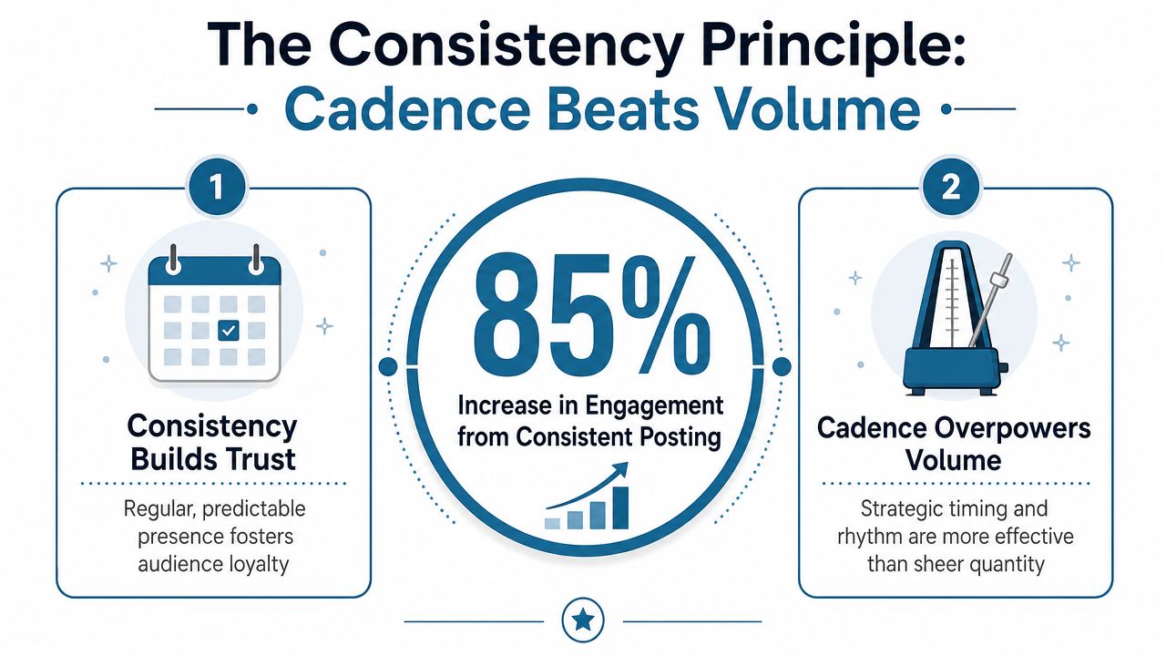 An infographic illustrating the consistency principle, highlighting how regular posting cadence builds trust and increases engagement.