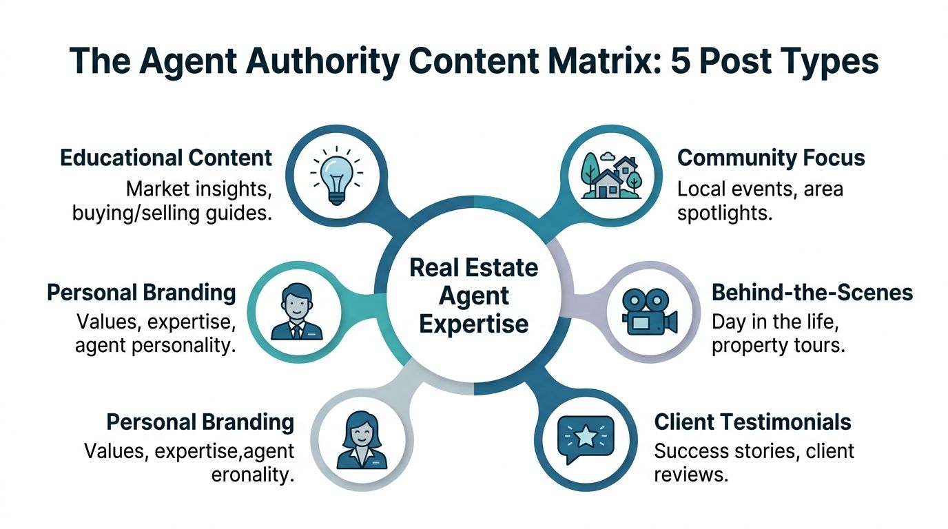 A diagram outlining five essential post types for real estate agent authority and content marketing strategies.