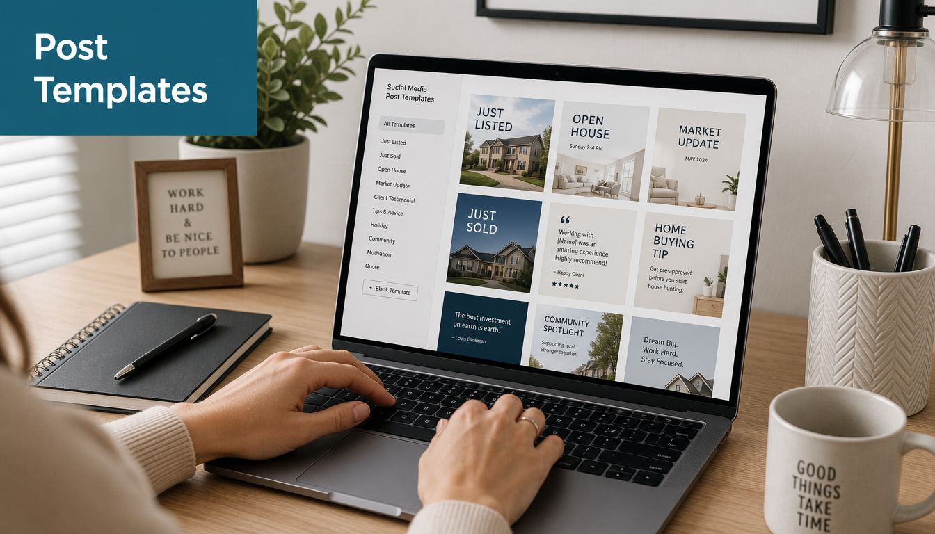 A person working on a laptop displaying various social media post templates for real estate agents.