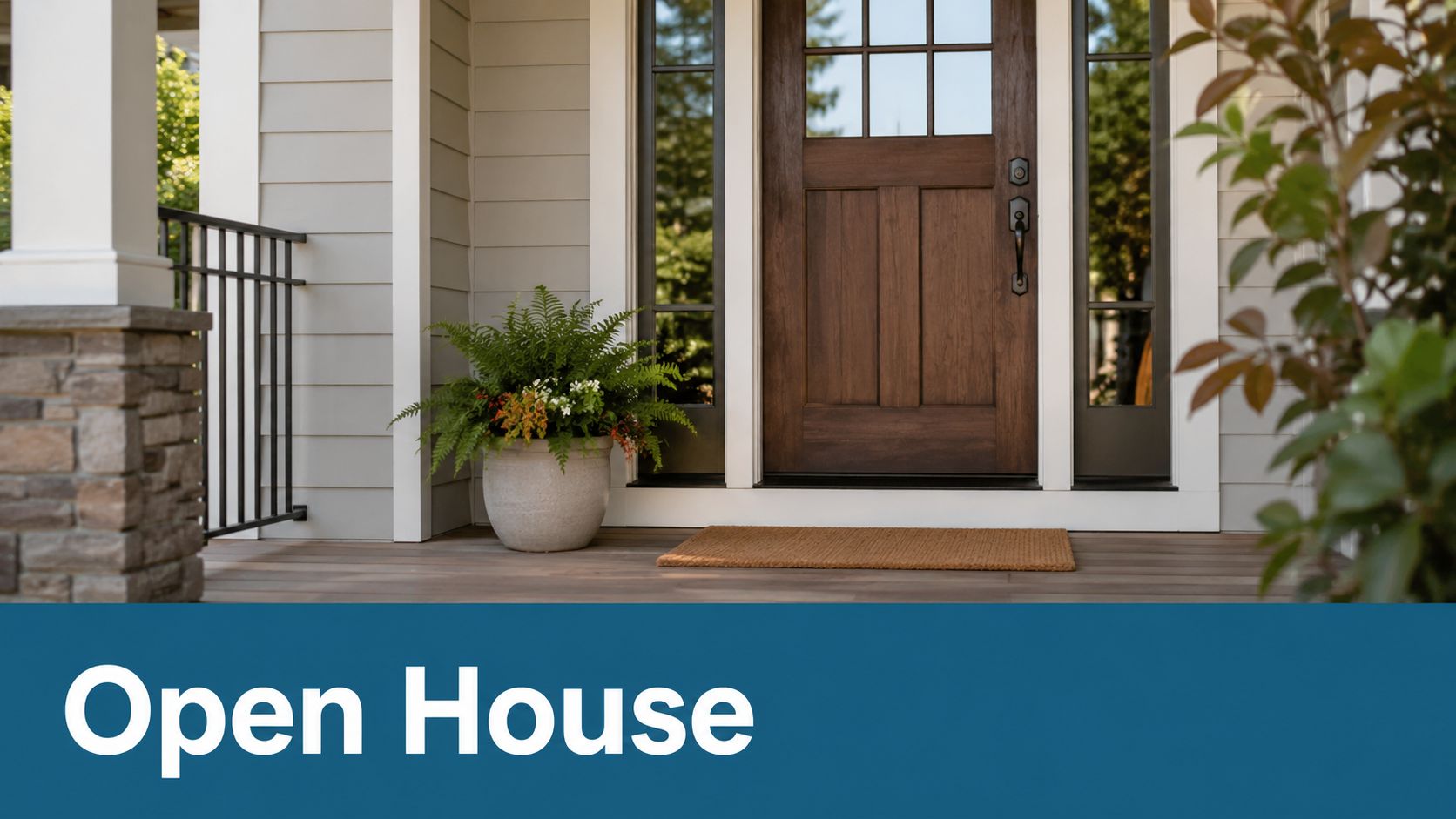 A welcoming front porch featuring a dark wood door, a potted plant, and a brown doormat.