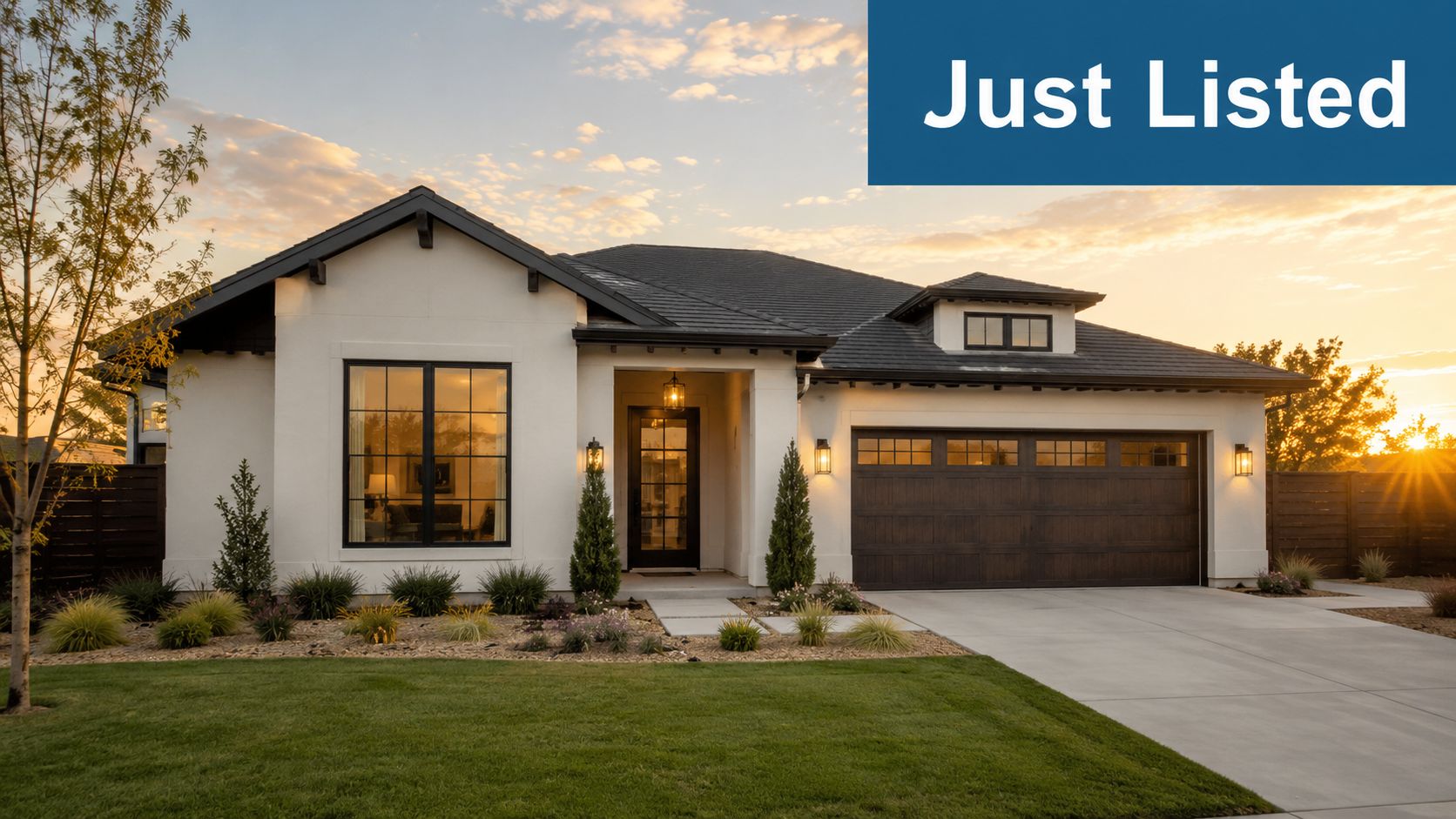 A modern single-story house with white stucco, dark trim, and a manicured lawn at sunset.