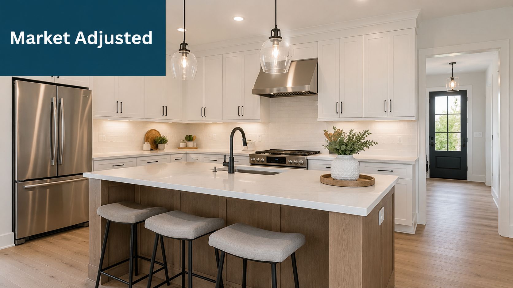 A modern kitchen with white cabinetry, a wooden island with bar stools, and stainless steel appliances.