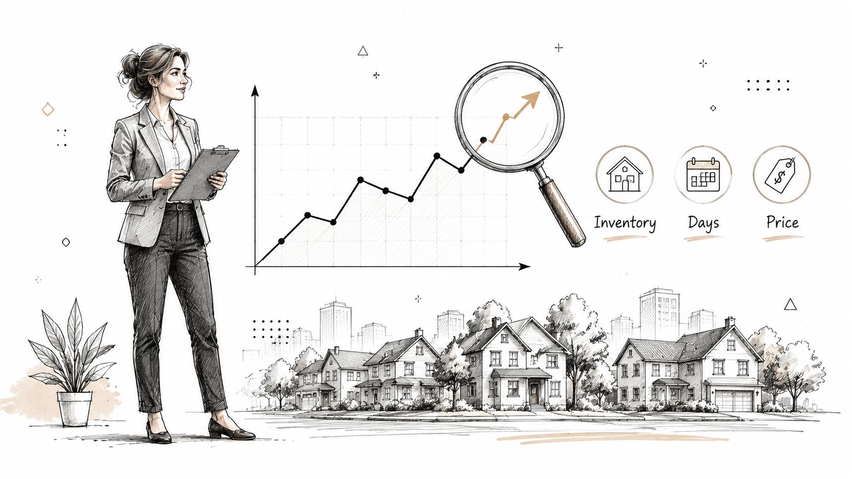 A professional real estate agent analyzing housing market data and property trends with a graph and icons.