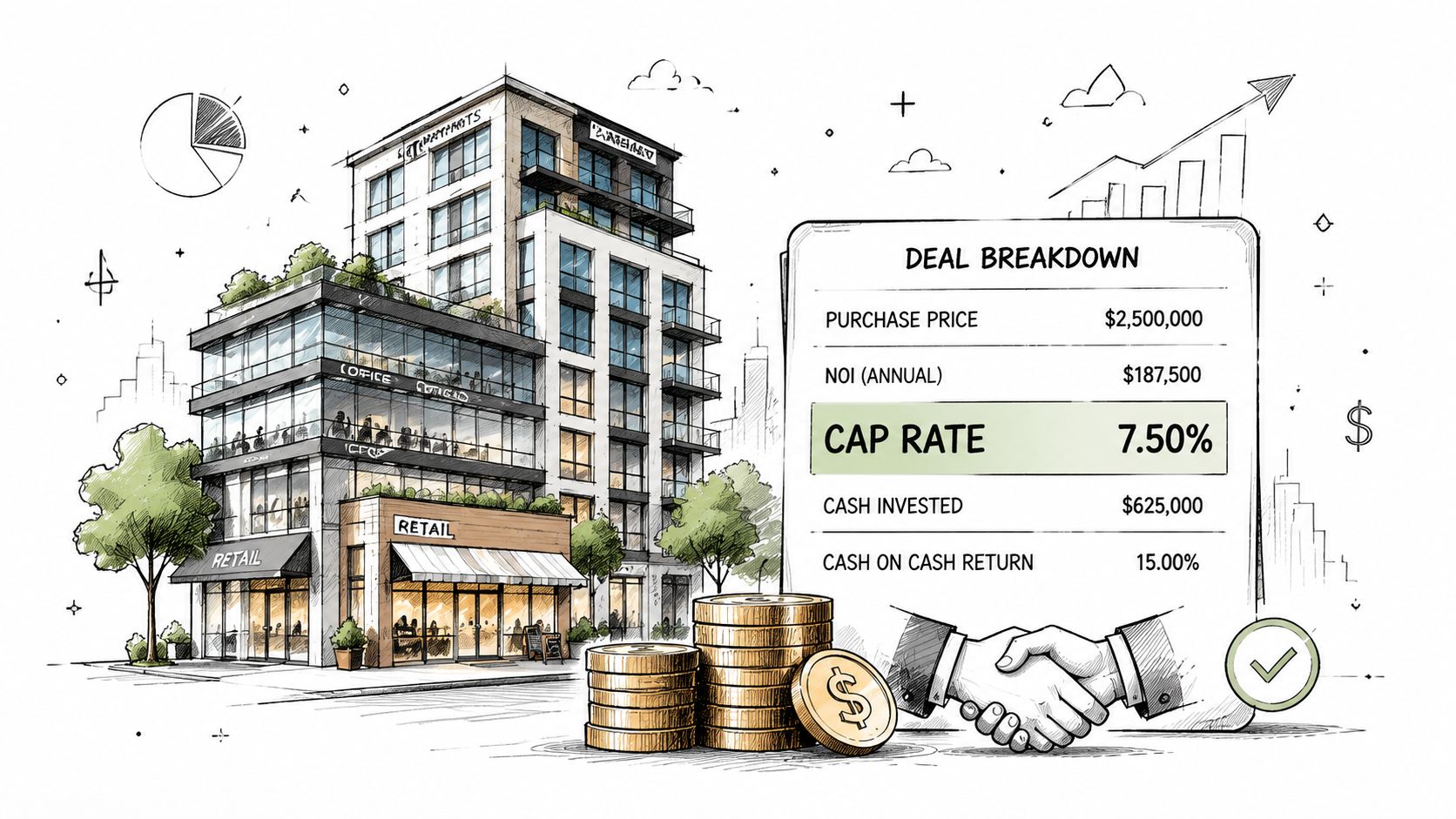 A commercial real estate deal breakdown chart showing property investment metrics like cap rate and cash return.