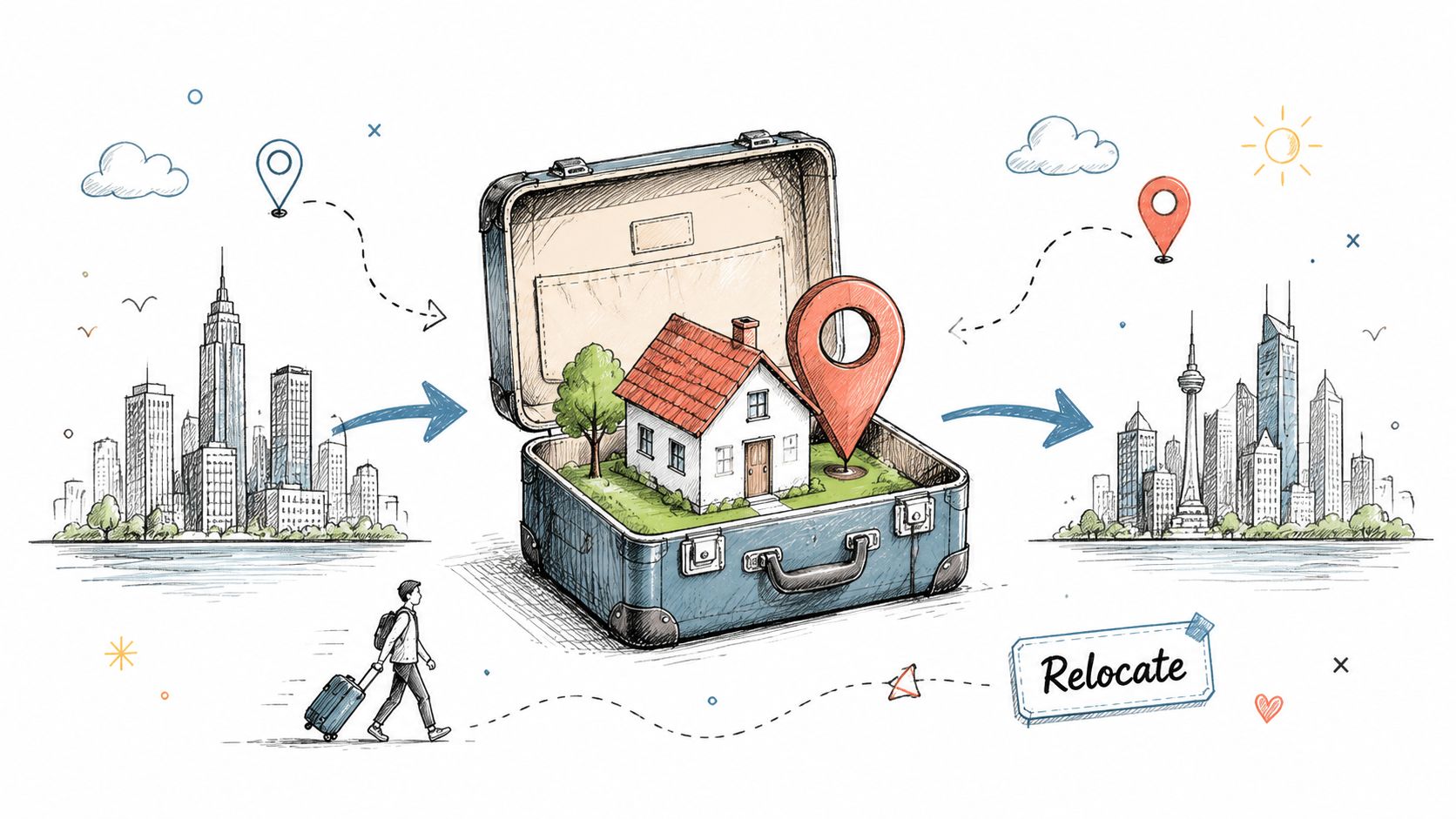 A hand-drawn illustration showing a house inside a suitcase, symbolizing moving or relocation services.