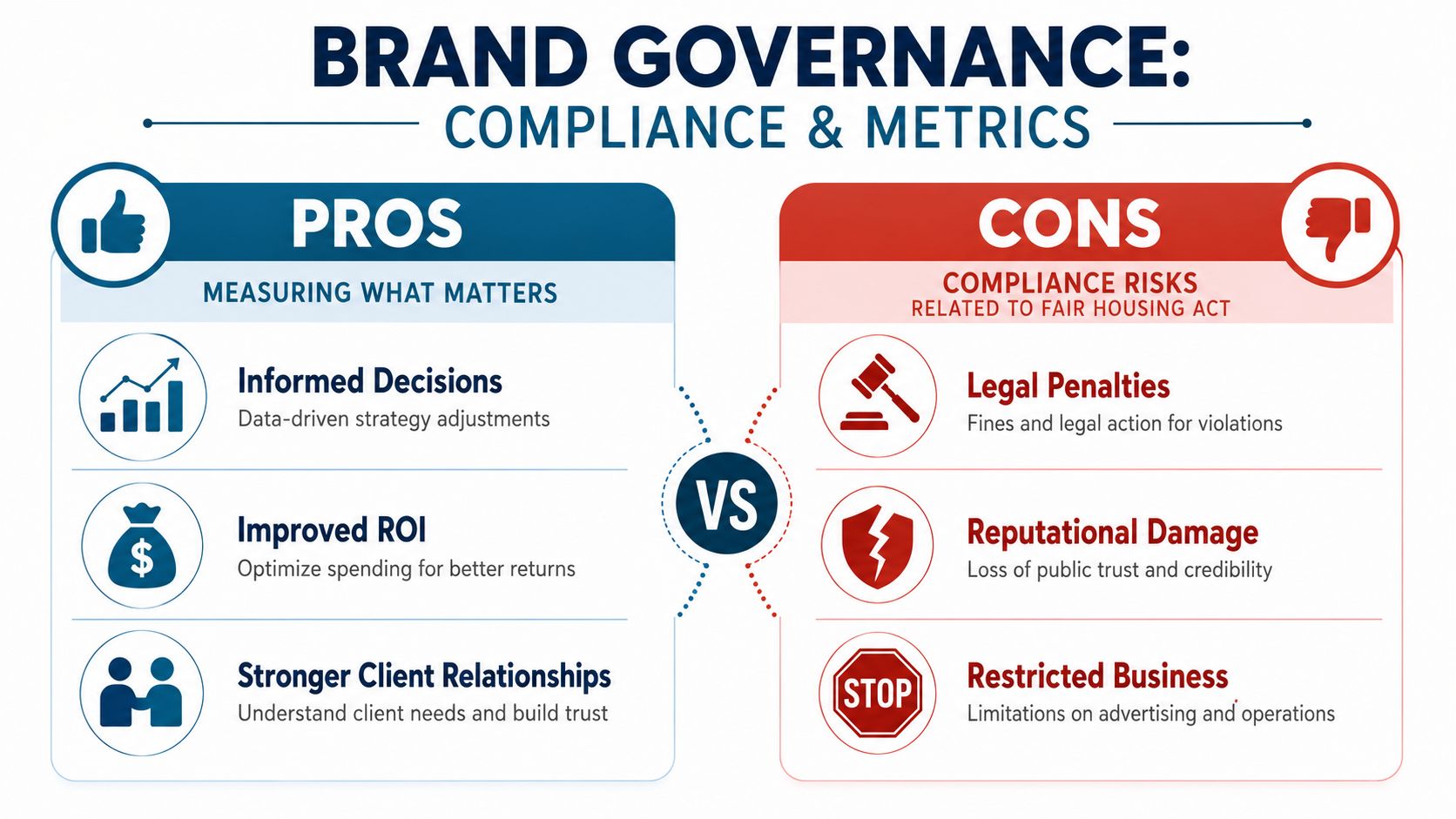 A comparison chart showing the pros and cons of brand governance, including compliance risks and performance metrics.