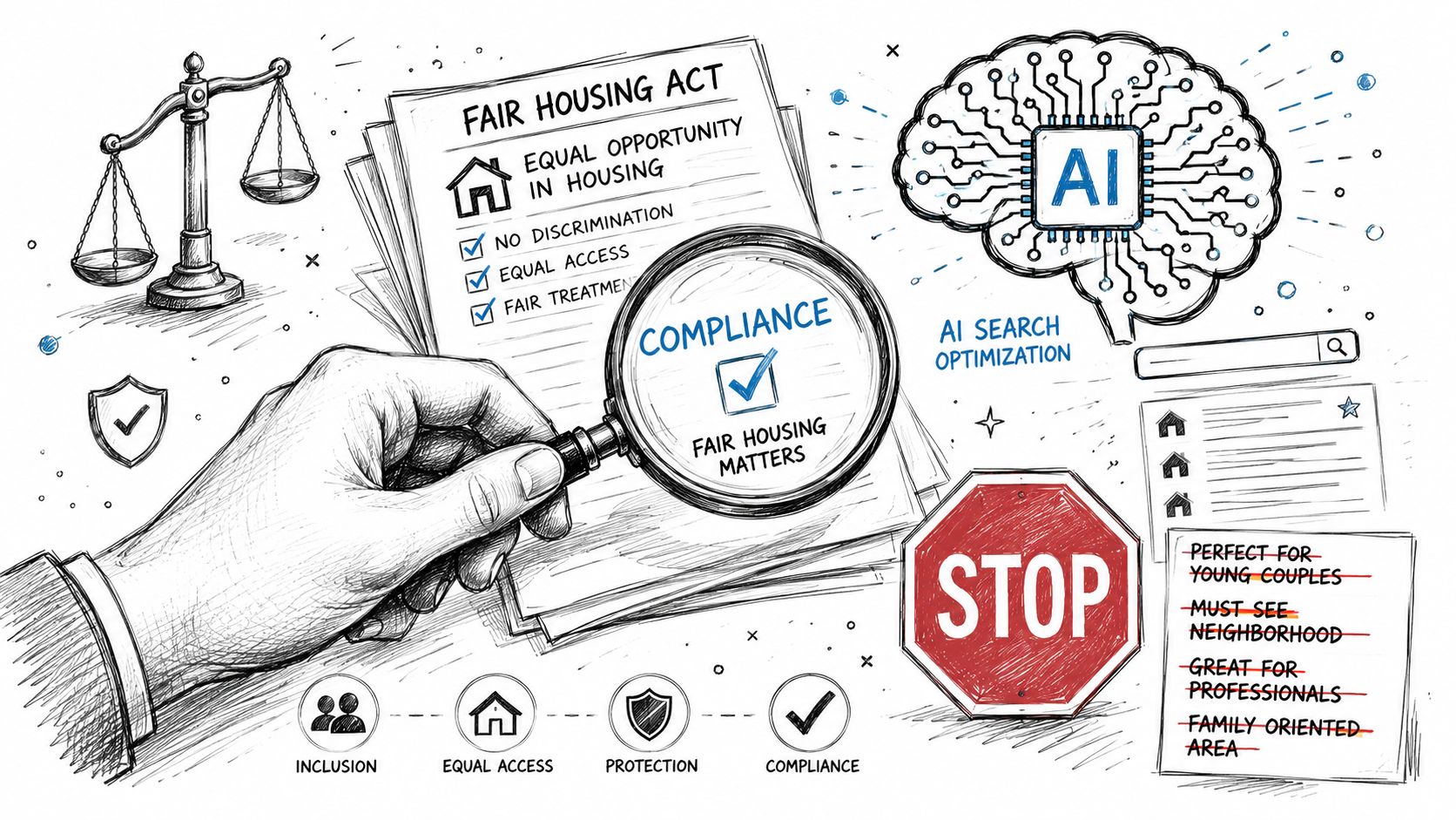 A hand holds a magnifying glass over documents titled Fair Housing Act, emphasizing compliance and equal opportunity.