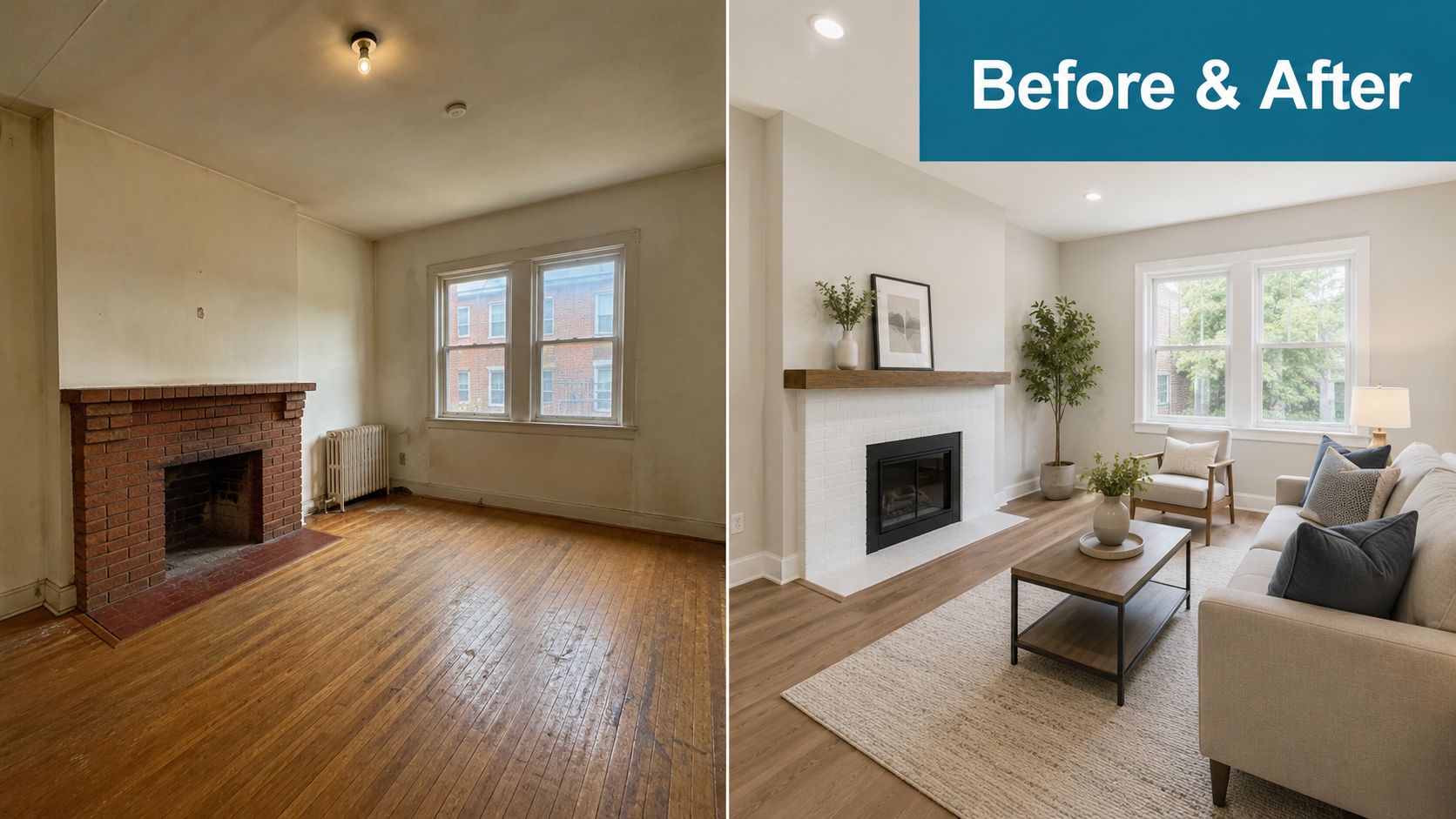 A split-screen comparison showing a living room before and after a modern home renovation.