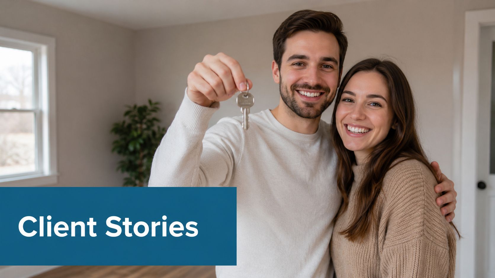 A happy young couple smiling while holding a house key in their new home.
