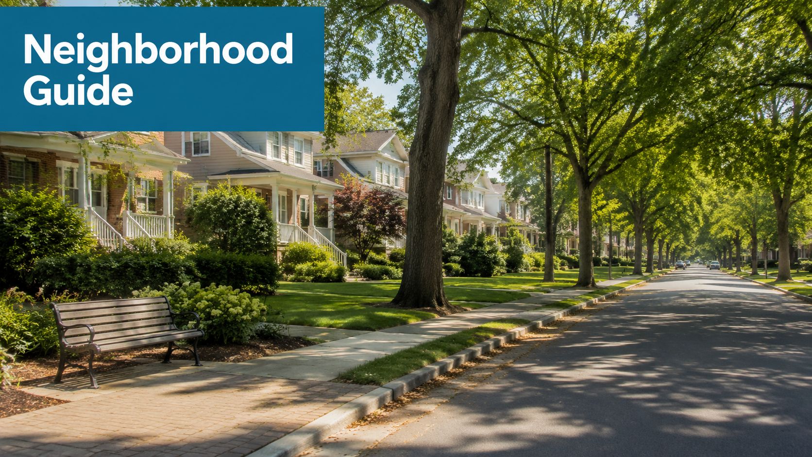 A quiet residential street lined with large trees, classic houses, and a wooden park bench.