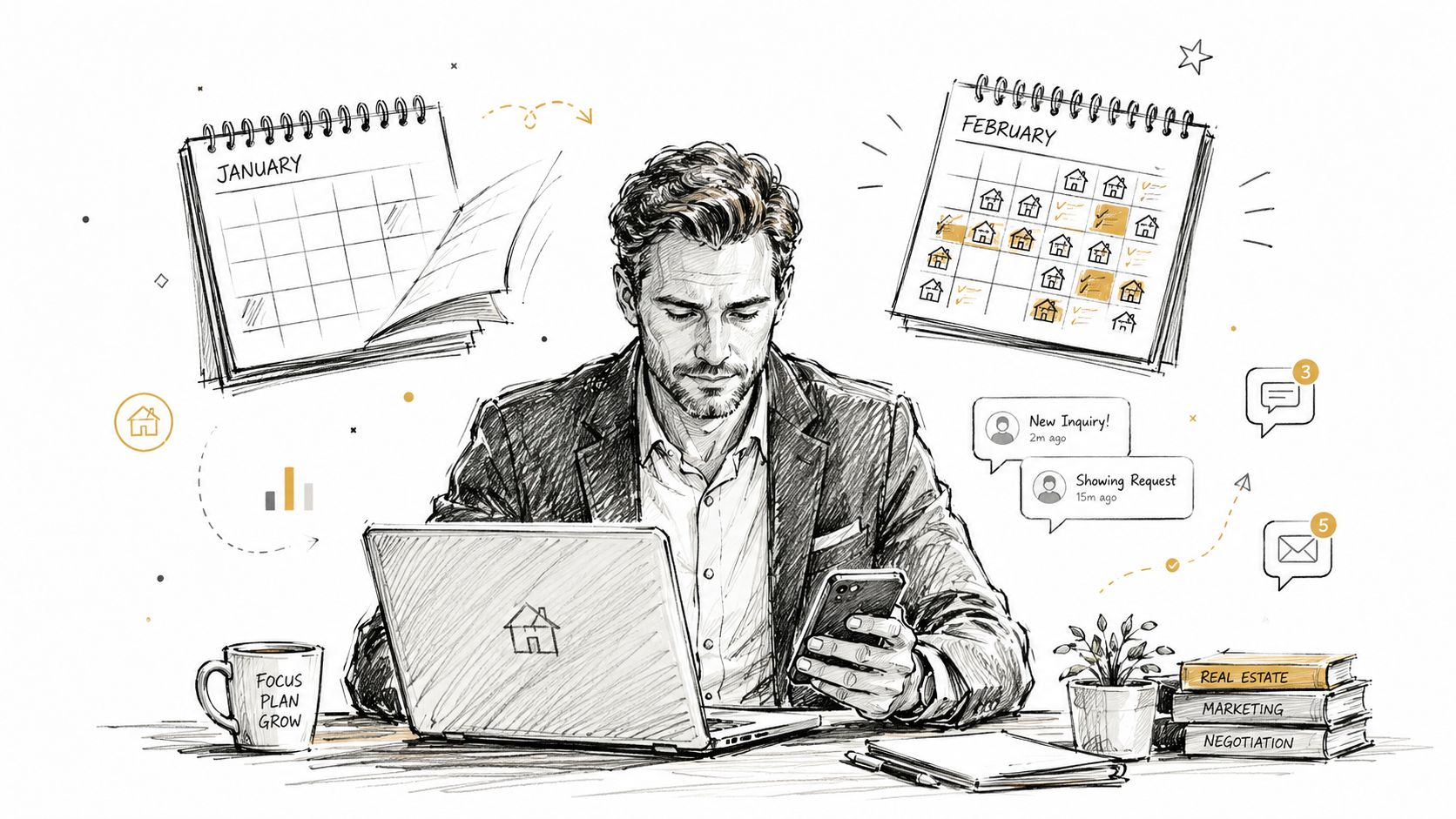 A professional real estate agent working at a desk with a laptop, smartphone, and organized schedule.