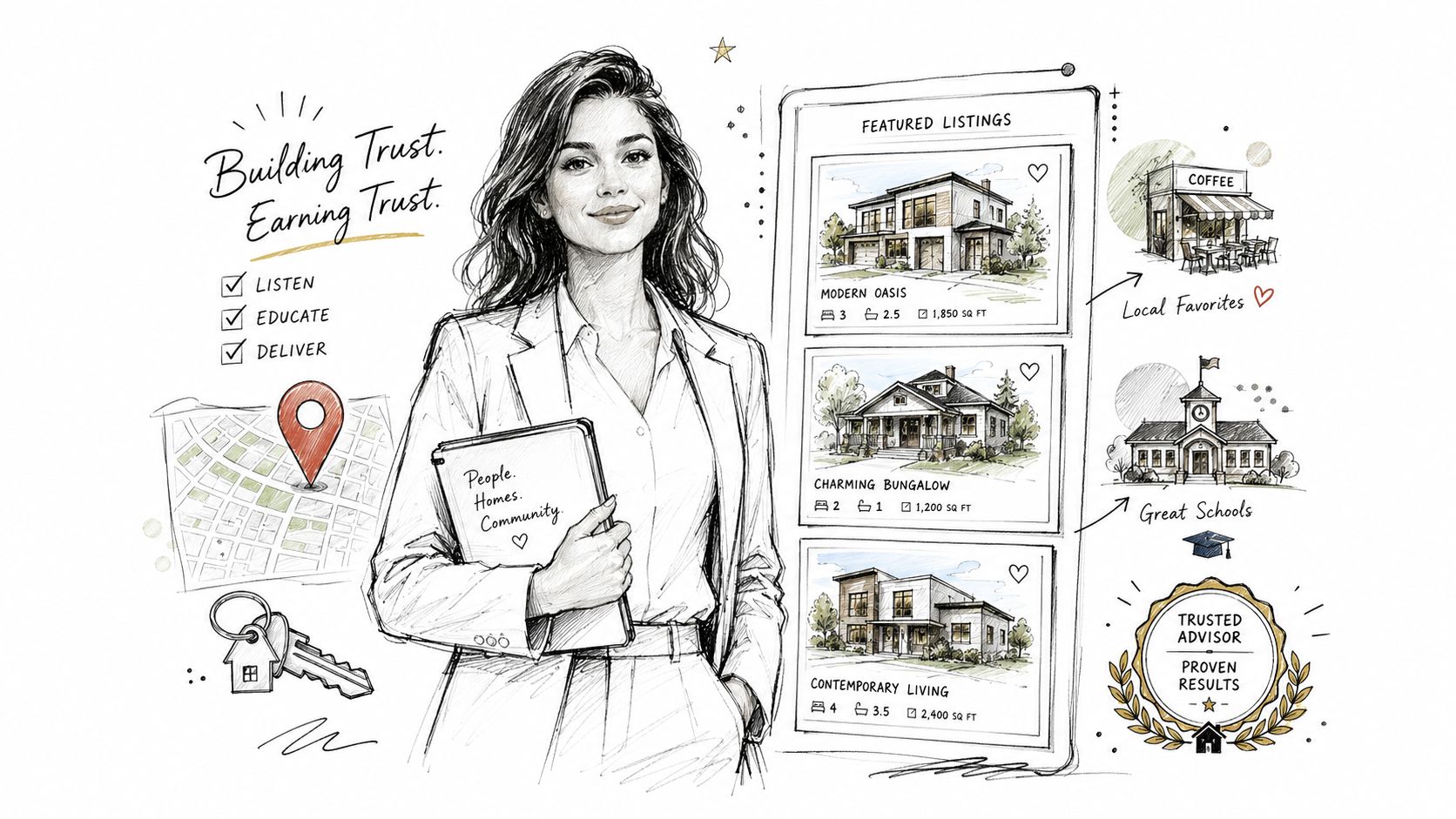 A professional real estate agent standing beside digital featured listings, local map, and community highlights.
