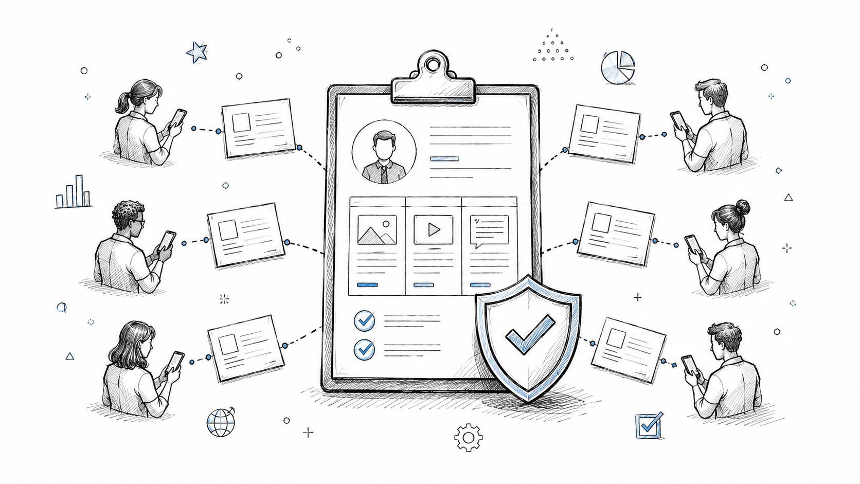 A digital illustration showing a central clipboard with testimonials connected to multiple users on smartphones.