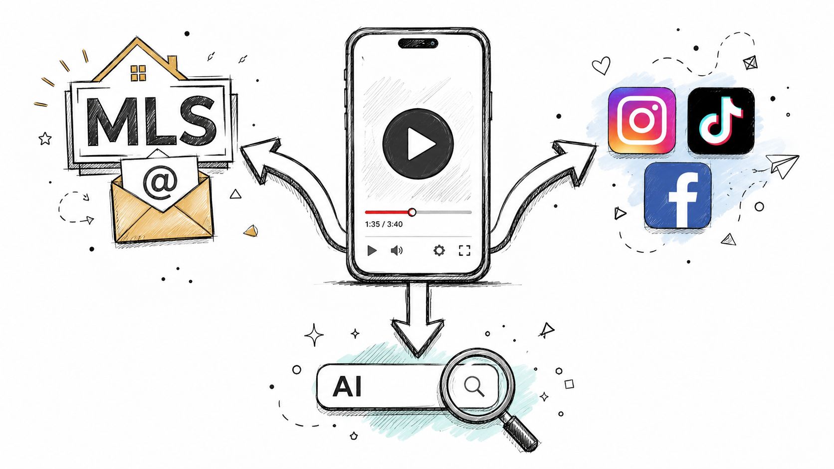 An illustration showing a smartphone video connected to MLS email services, social media platforms, and AI search.