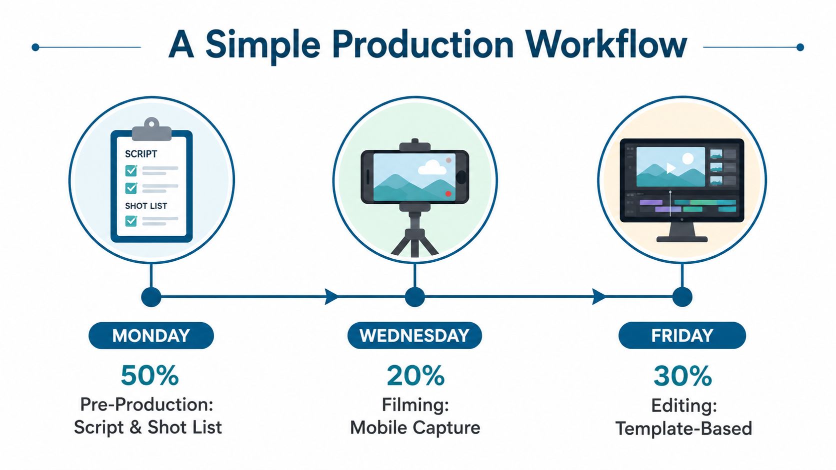 A simple production workflow chart showing pre-production on Monday, filming on Wednesday, and editing on Friday.