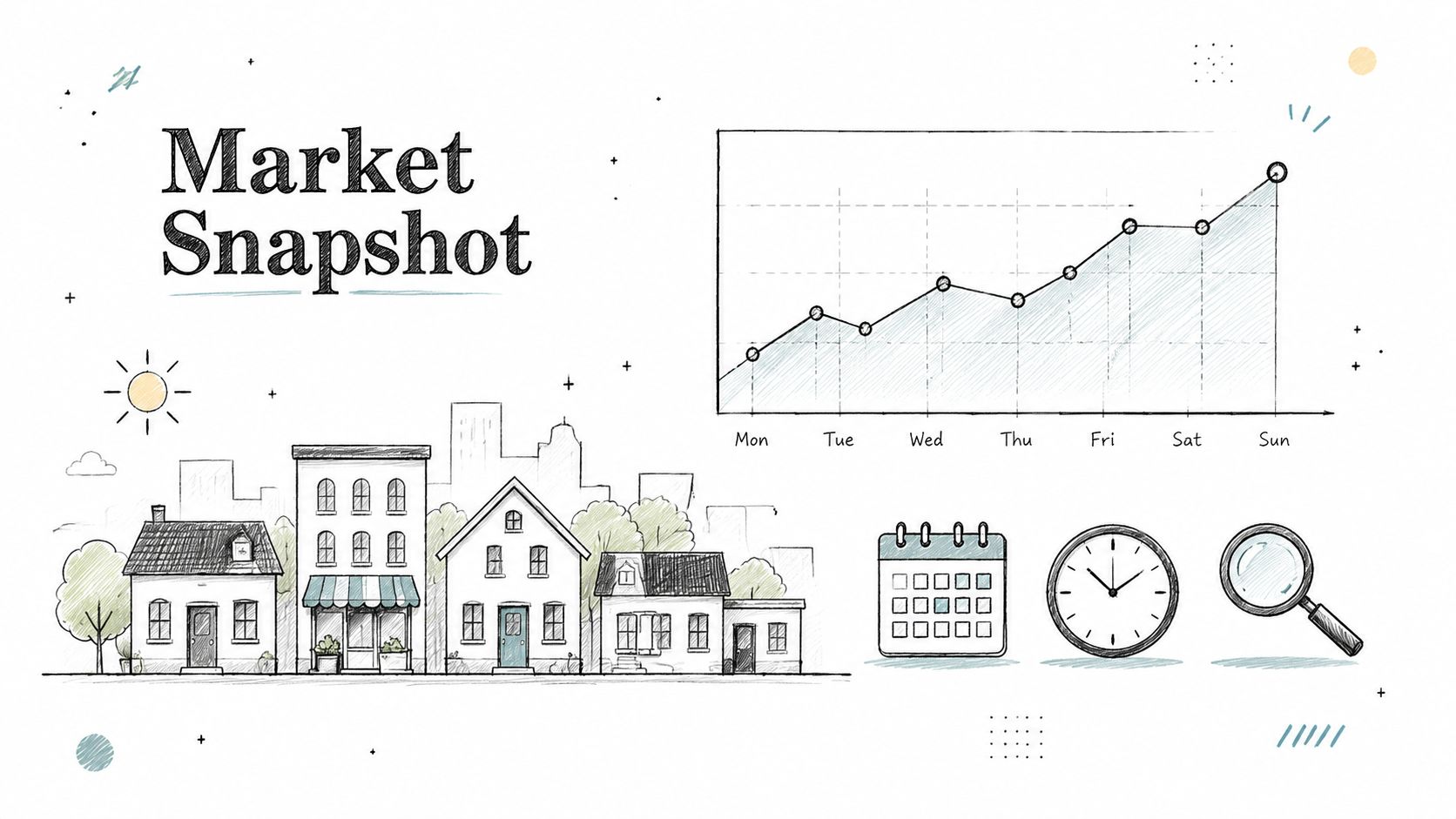 A hand-drawn illustration depicting a real estate market snapshot with a rising graph, buildings, and icons.