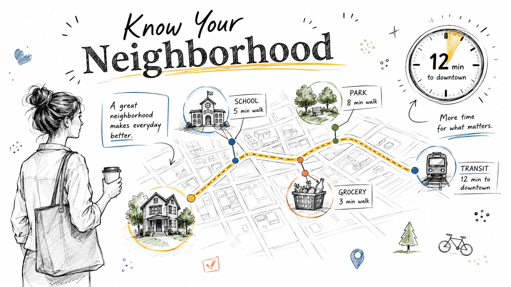 A hand-drawn illustration showing a neighborhood map with icons for a school, park, grocery store, and transit.